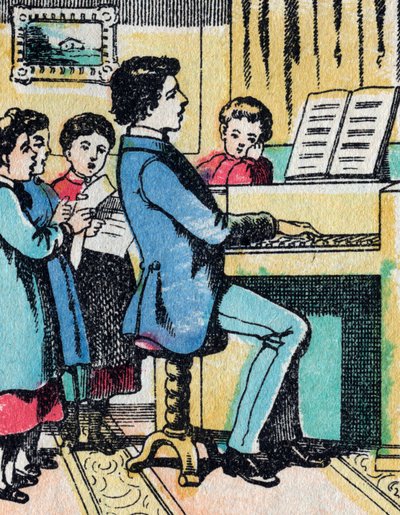 Las actividades para niñas de buenas familias: aprendizaje de música - Imagen de Epinal - Siglo XIX (grabado) de French School