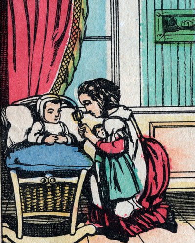 Las actividades para niñas de buenas familias: aprender a cuidar bebés - Imagen de Epinal de French School