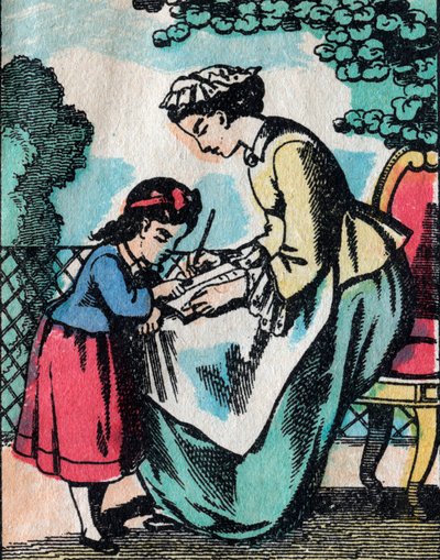 Las actividades para niñas de buenas familias: lección de lectura - Imagen de Epinal - siglo XIX (grabado) de French School