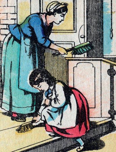 Las actividades para niñas de buenas familias: las tareas del hogar - Imagen de Epinal - Siglo XIX (grabado) de French School