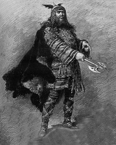 El actor Dumaine en el papel de “Atila”, un drama en cuatro actos y verso, de Etienne Charles Henri, Vizconde de Bornier (1825-1901), representado en el teatro de l