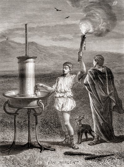 El antiguo sistema de semáforo hidráulico griego siendo usado por Eneas para enviar un mensaje, siglo IV a.C., de Les Merveilles de la Science, publicado c.1870 (grabado) de French School