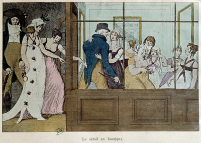La tienda de citas: el serail en la tienda Una casa de citas en el Palais Royal de París. Litografía de principios del siglo XVIII París, artes decorativas de French School
