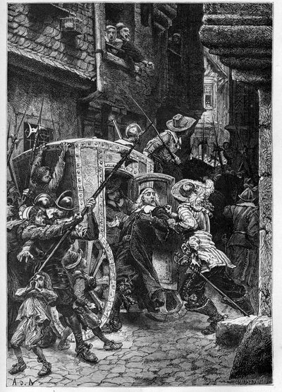 El arresto de Pierre Broussel (1575-1654) en 1648, bajo la orden de Ana de Austria (1601-1666), provocando el levantamiento del pueblo (días de las barricadas) y la Fronda de French School