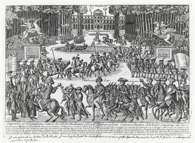La llegada de Mehmed Celebi Efendi, embajador del sultán Ahmed III de Turquía, a las Tullerías para ser recibido por Luis XV en 1721 (grabado) de French School