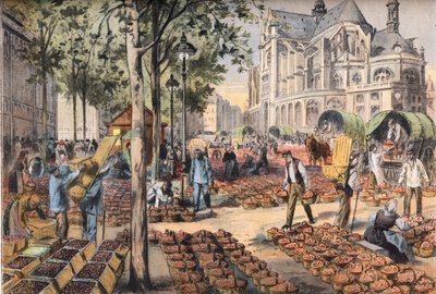 La llegada de las fresas en la teja de los pasillos detrás de la iglesia de Saint Eustache, del periódico "Le Petit Parisien" de French School
