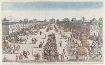 La llegada de los embajadores siameses a la Ciudad Prohibida en Pekín en su visita al Emperador de China, segunda mitad del siglo XVIII de French School