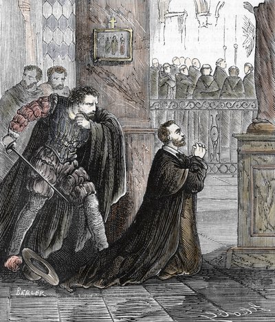 El asesinato del Inquisidor Pedro de Arbues (1441-1485) el 17/09/1485 en la Catedral de Zaragoza en España (El oficial de la inquisición española Pedro de Arbues asesinado en la Catedral de La Seo de Zaragoza en 1485 en un supuesto complot por convers de French School