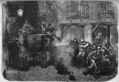El asesinato de Juan Prim y Prats (1814-1870), general y político español, a su salida de las Cortes, en la calle del Turco en Madrid el 28 de diciembre de 1870. Grabado en "Le Monde Illustré" n°724 del 25 de febrero de 1871. de French School
