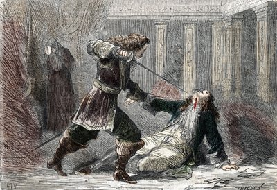 El asesinato del Marqués Gianrinaldo Monaldeschi, amante de la Reina Cristina de Suecia (1626-1689) en el castillo de Fontainebleau de French School