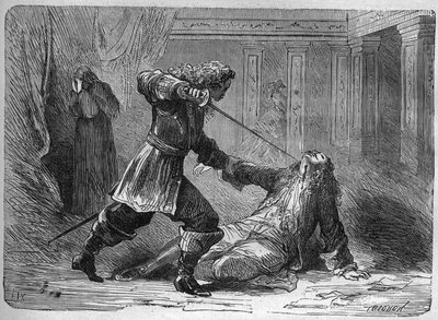 El asesinato del Marqués Gianrinaldo Monaldeschi, amante de la Reina Cristina de Suecia (1626-1689) - El asesinato del Marqués Giovanni Monaldeschi en 1656, favorito de la Reina Cristina de Suecia (1626-1689) en el castillo de Fontainebleau. Grabado en de French School