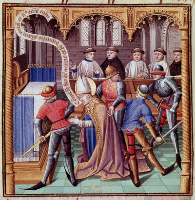El asesinato de Tomás Becket en 1170 (Assassination of Saint Thomas of Canterbury) Miniatura extraída de "Le miroir historial" (Speculum Historiale) de Vincent de Beauvais (1190-1264) traducida al francés por Jean de Vignay. de French School