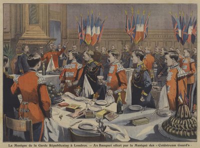 La banda de la Guardia Republicana Francesa asistiendo a un banquete organizado por la banda de los Coldstream Guards en Londres de French School