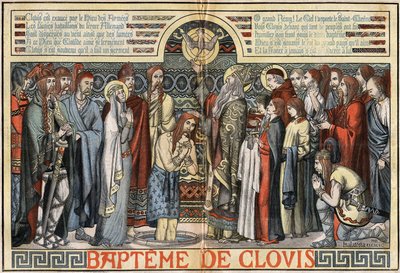 El bautismo de Clodoveo I (466-511) en Reims, 25 de diciembre de 496. ilustración de MALATESTA (MALTESTE Henri Theodore) en “Le Pelerin” del 23 de agosto de French School
