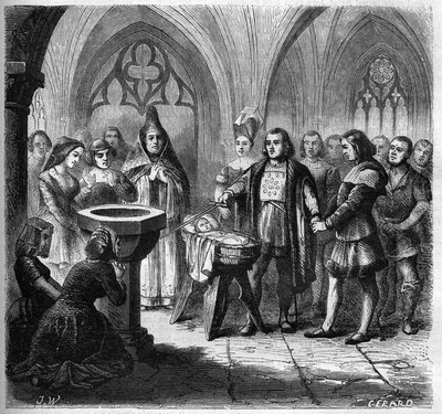El bautismo de Jean Ango (1488-1551), futuro navegante, en la Iglesia de Saint Remi en Dieppe. Grabado de 1865-1866. de French School