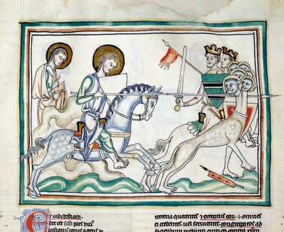La batalla con el dragón de siete cabezas: caballeros luchan contra un dragón con varias cabezas, con lanzas, personificando a los siete reyes. Miniatura tomada de “El Apocalipsis de Cambrai” iluminada por la Escuela Francesa del siglo XIII. Ms. 422. Bibli de French School