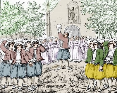 El comienzo de un juego de soule (fútbol) en Bretaña a mediados del siglo XIX. de French School