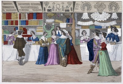 Las boutiques de la galería del palacio de justicia bajo Luis XIII - en “París a través de los siglos” de French School