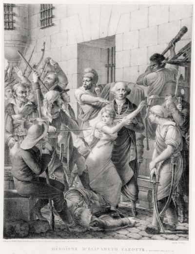 La valentía de Elisabeth Cazotte protegiendo a su padre de la multitud (grabado) de French School