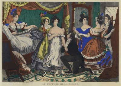 La hora de acostarse de la novia (litografía en color) de French School