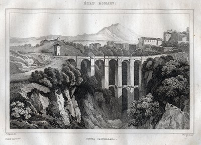 El puente tiene arcadas dobles - CIVITA CASTELLANA - Provincia de Viterbo - Italia - Grabado de “Italia Pintoresca” - Pintura Histórica y Descriptiva de Italia” por M. de Norvins, Ch. Nodier 1834-1836. de French School