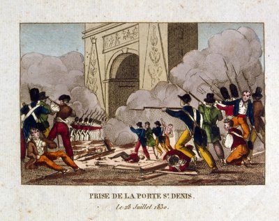 Toma de la Puerta de Saint Denis, París, durante la Revolución Francesa de 1830 de French School