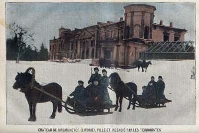 El castillo de Ringmundtof, en Livonia, saqueado e incendiado por revolucionarios anarquistas rusos. Rusia de French School