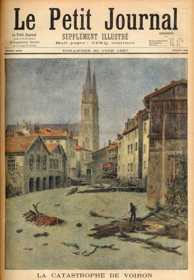 La catástrofe (inundación) del pueblo de Voiron (Isère) Francia en "Le Petit Journal", 20 de junio de 1897 (grabado) de French School