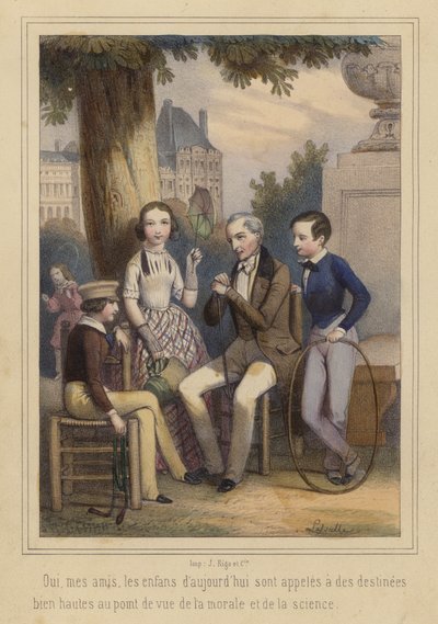 Los niños de hoy, destinados a grandes cosas en los campos de la moral y la ciencia (litografía en color) de French School