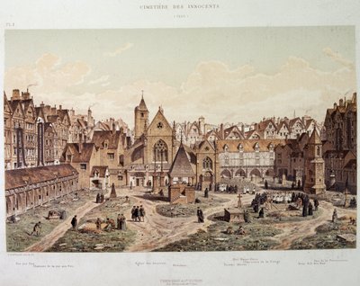 La iglesia y el cementerio de los Inocentes en 1550 - en “París a través de los siglos” de French School