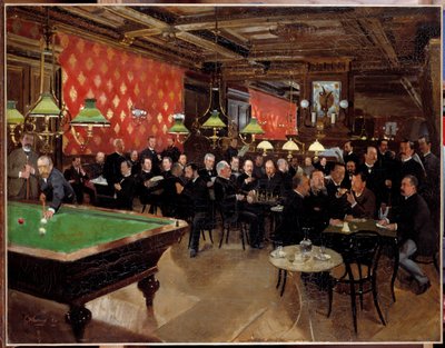 El círculo de la unión republicana: miembros de la unión republicana reunidos en el café para charlar, jugar al billar en la época de la Tercera República. Pintura anónima de French School