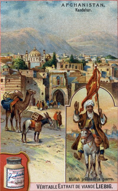 La ciudad de Kandahar en Afganistán con un mulá predicando la guerra. Cromolitografía publicitaria del siglo XIX de French School