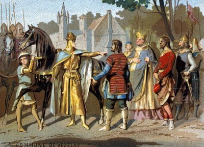 La comuna de Vézelay (1153): el Abad Pons, el Conde de Nevers y los magistrados de Vézelay ante Luis VII en Moret, cerca del bosque de Fontainebleau, decidiendo la desaparición de la comuna. Cromolitografía de la Serie 