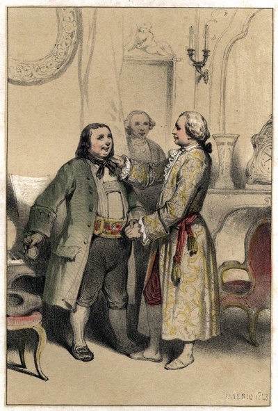 El compositor Joseph Haydn recibió a un hombre que vino a pedirle que compusiera un minueto para la boda de su hija. Placa tomada de "Escenas de la vida de hombres famosos" grabado en dos tonos por Valerio. 1843. de French School