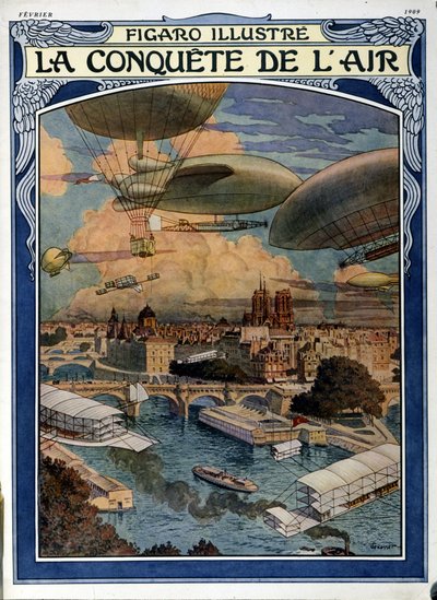 La conquista del aire: dirigible, globo y globo aerostático sobre París - portada en Figaro Illustrated de febrero de 1909 de French School