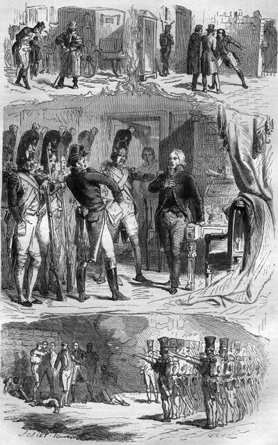 La conspiración de Claude François de Malet (Claude-François Malet) (1754-1812) general del Imperio, autor del golpe de estado de 1812 contra Napoleón, durante la retirada rusa. Grabado en “Historia de los Papas-Reyes-Reinas y Emperadores a través de los s de French School