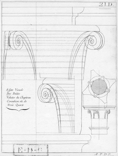 El capitel corintio, ilustración de un libro sobre geometría, siglo XVIII o XIX, publicado Avec Privilege du Roy et E.. du Gouvernement de French School