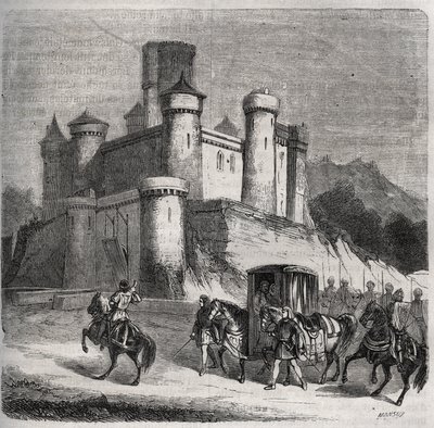 El cortejo de Rigonde (Rigonthe) (alrededor de 569-después de 589) sale de París para ir a su prometido, el Príncipe Recarede. Grabado de 1871 en "Histoire Des Cocus Celebres" de Henry de Kock (1819-1892) de French School