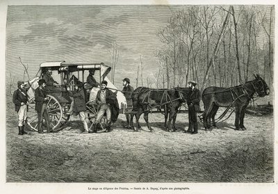 El curso o diligencia en el caballo de las praderas, dibujo de A. Dupuis, para ilustrar la historia de una excursión a Canadá y el río Rojo del Norte, en 1873, por H. de Lamotte. Grabado en Le tour du monde de French School