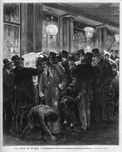 La crisis del 16 de mayo de 1877: lectura de las últimas noticias en el bulevar de los Italianos en París. Esta crisis política francesa es el resultado de la carta de Mac Mahon criticando la actitud del presidente del Consejo Jules Simon, quien finalmente de French School