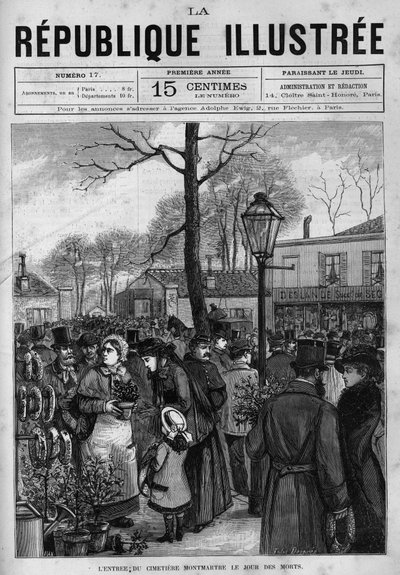 La multitud frente a la entrada del cementerio de Montmartre en París el día de los muertos (Todos los Santos). Un periódico. Grabado de 1880 en "La república ilustrada" colección privada. de French School