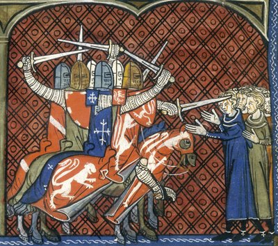 La cruzada contra los albigenses, c1325-c1350. Soldados a caballo empuñando espadas atacan a un grupo de albigenses. El papa Inocencio III predicó la guerra santa contra los cristianos albigenses, pues temía la propagación de sus creencias. En 1209 ordenó  de French School