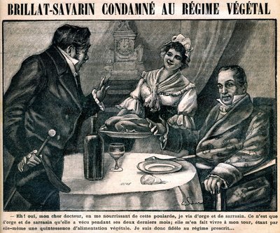 La curiosa dieta vegetariana del gastrónomo Jean Anthelme Brillat-Savarin (1755-1826), en la portada del semanario "La cuisine des familles" n°90, 10 de marzo de French School