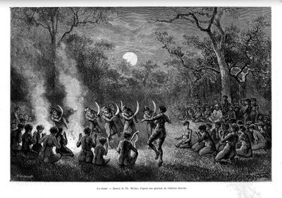 La danza del bumerán alrededor del fuego entre los aborígenes de Australia - en "Tour du Monde" de French School