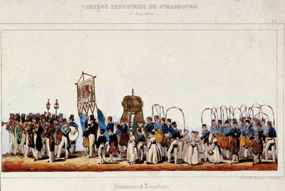 La danza de cerveceros y toneleros durante el cortejo industrial en Estrasburgo el 25/06/1840. Litografía de Simon de French School
