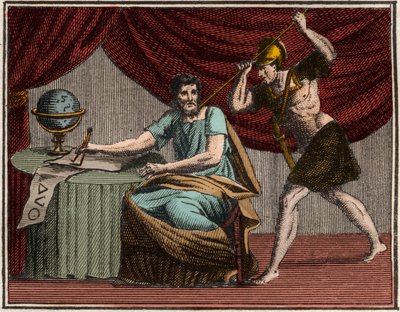 La muerte de Arquímedes durante la captura de Siracusa, Sicilia, por soldados romanos en 212 a.C. de French School
