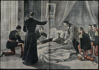 La muerte de Félix Faure (1841-1899), presidente de Francia, Abbe Renault le dio la absolución. Grabado en “Le Pelerin” 26/02/1899. de French School