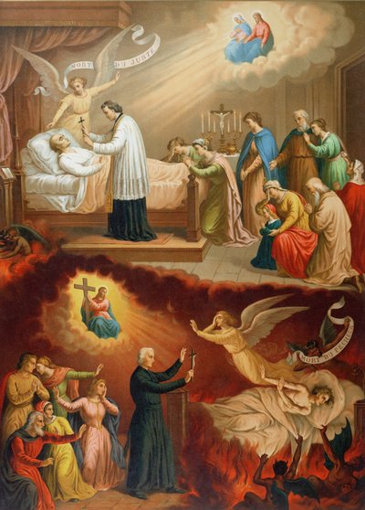 La muerte del hombre justo y la muerte del pecador, ilustración de un catecismo pictórico, finales del siglo XIX de French School
