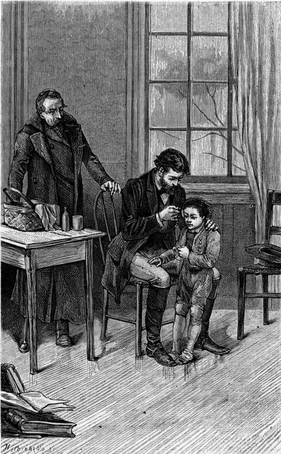 El doctor estaba marmoleando: un doctor examina el oído de un niño sordo. Grabado que ilustra "La alfombra de los cuatro facardins" de Mme de Vitt, nacida Guizot. En "Le Journal de la jeunesse" de French School