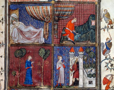 El sueño: El amante dormido, vistiéndose, cosiendo su camisa y frente a la Casa del Placer de Amor. Miniatura en “Roman de la rose” de Jean de Meun, Jean de Meung o Jean Chopinel, Jean Clopinel (v.1240-1305), circa 1370. Chantilly, Museo Condé de French School